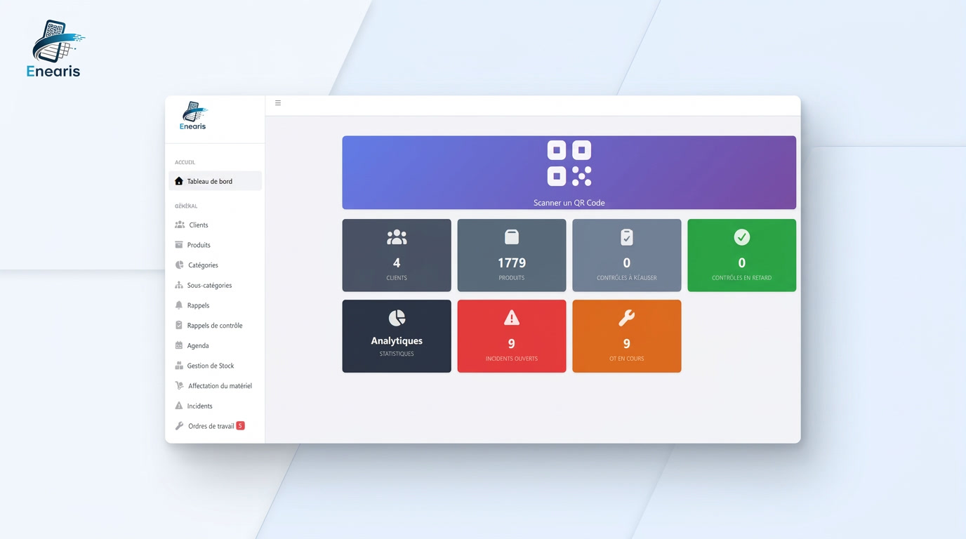 Interface du logiciel de GMAO Enearis pour la gestion de maintenance et le suivi VGP