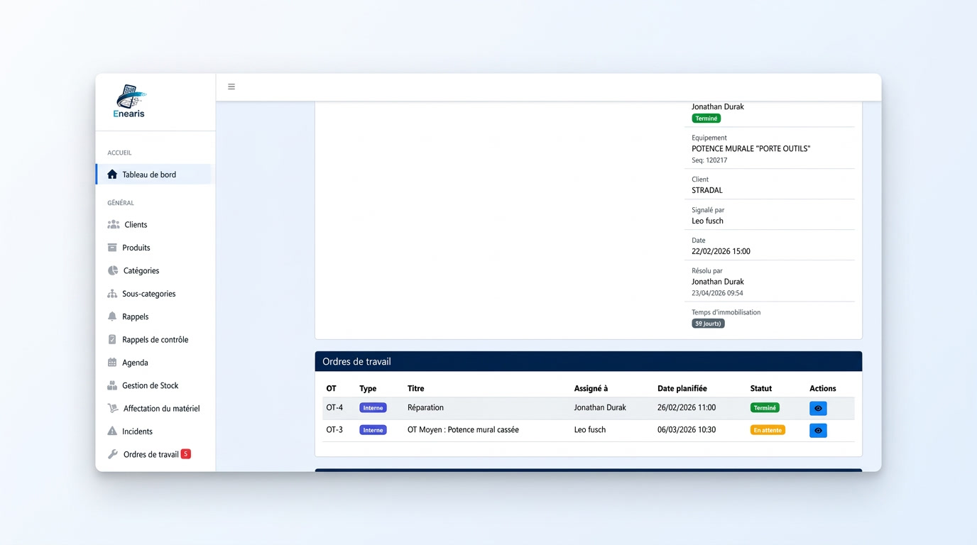 Interface Enearis pour la gestion et le suivi des interventions de maintenance
