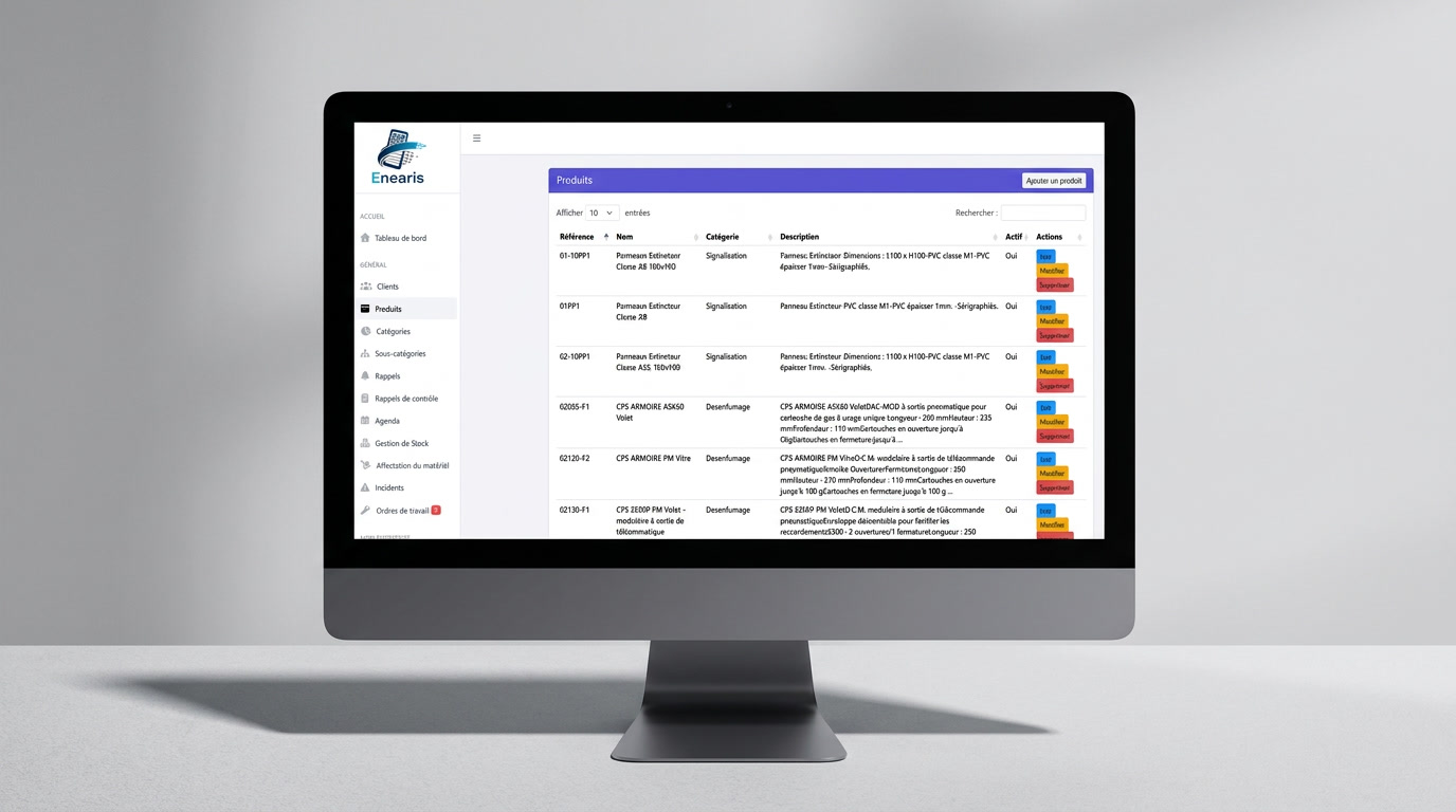 Interface du logiciel de gestion de maintenance Enearis pour le suivi des équipements