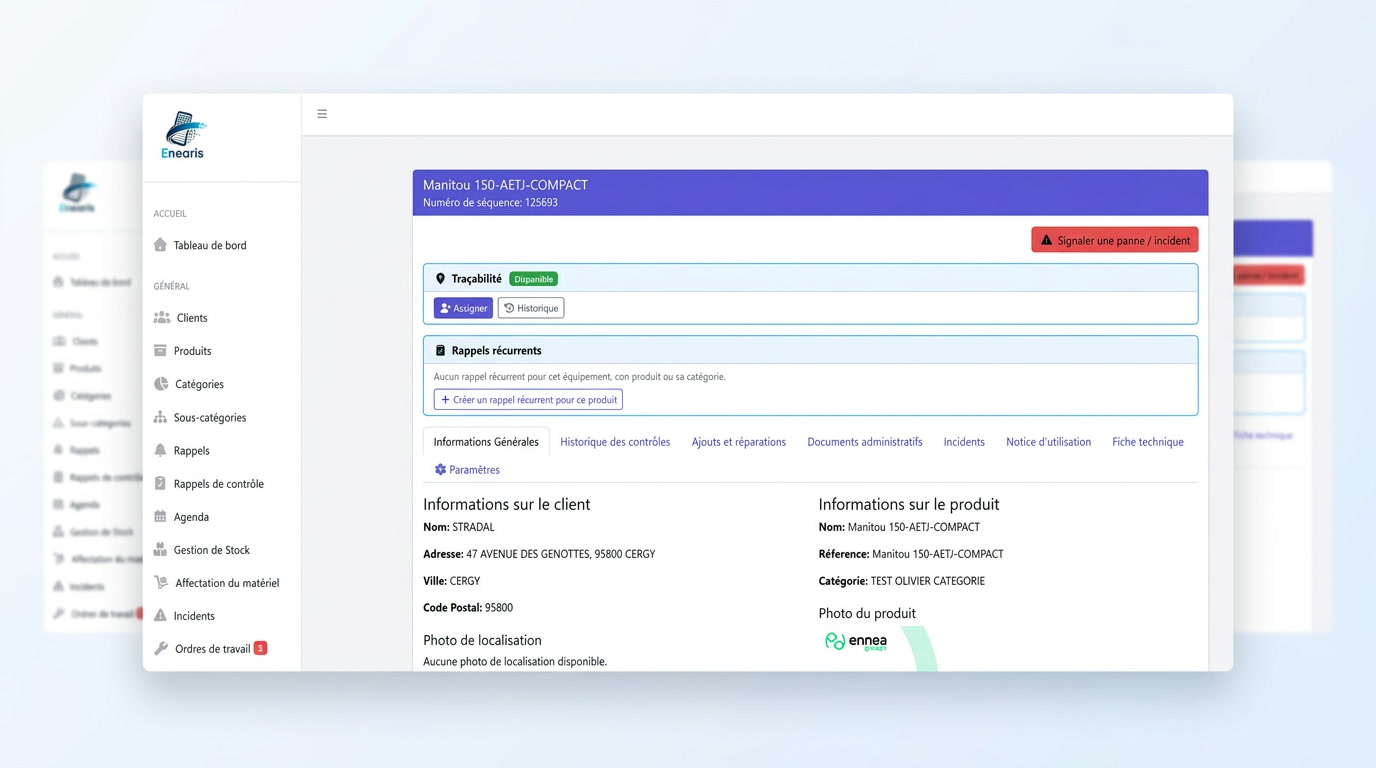 Interface Enearis pour le suivi de la maintenance curative