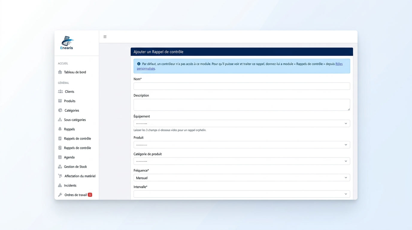 Interface Enearis pour la planification de la maintenance préventive