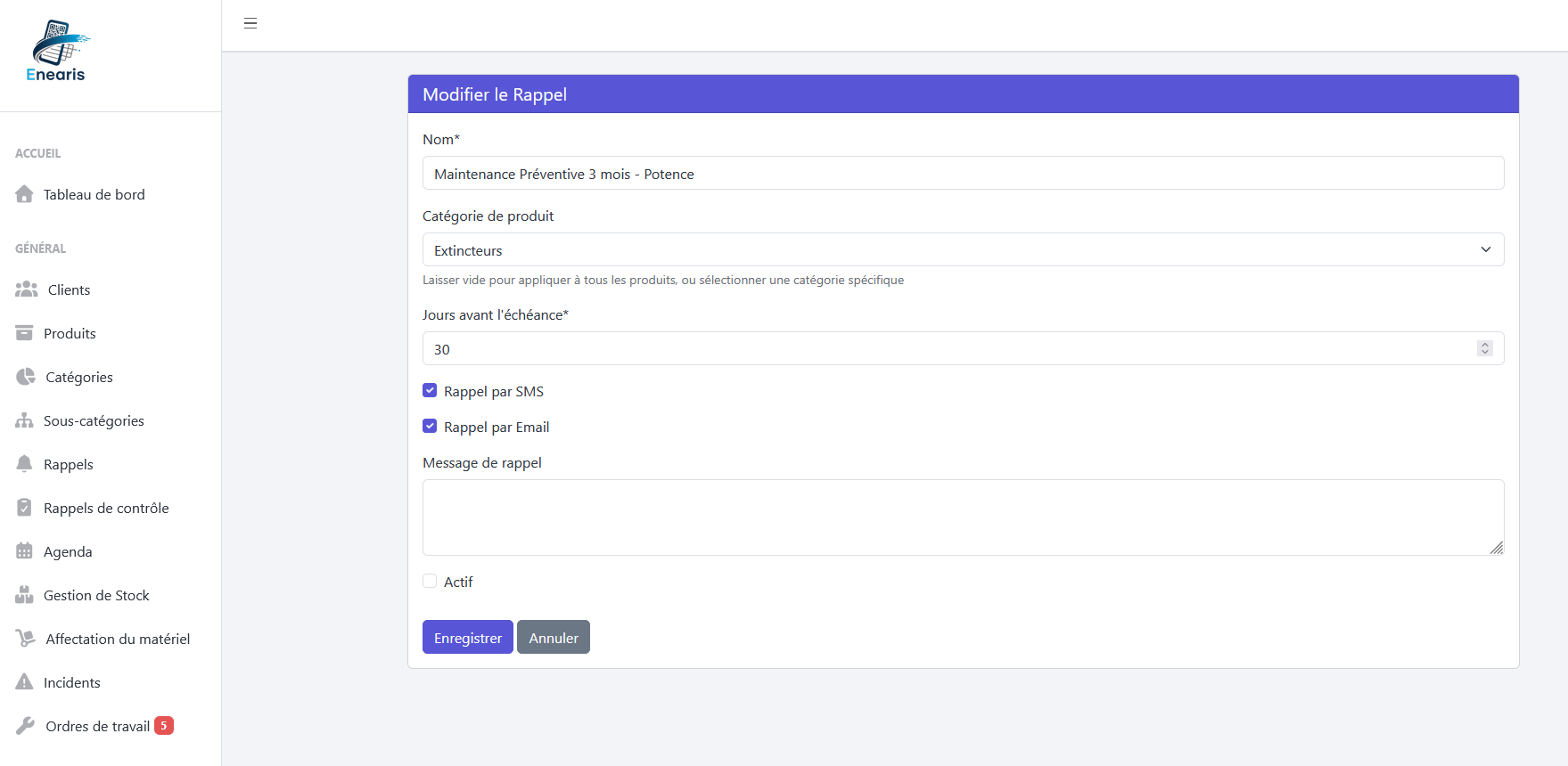 Configuration d'un rappel de maintenance préventive dans Enearis
